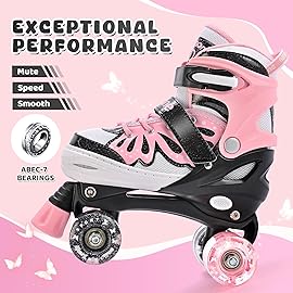 NEMONE 4 Size Adjustable Light up Roller Skates for Girls, Butterfly Roller Skates for Kids Ages 4-6 5-8 6-12 8-12, Todder Beginner Skates Indoor Outdoor Black Pink L