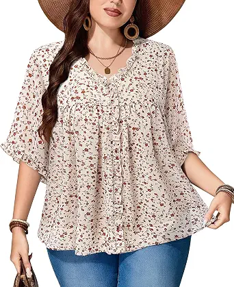Siddhe Plus Size Ruffle Sleeve V-Neck Chiffon Blouse for Curvy Women