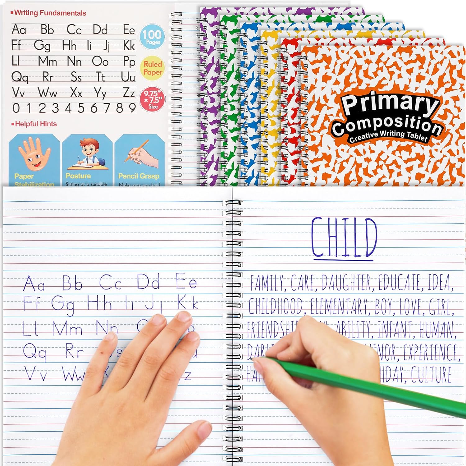 Henoyso 6 Pcs 100 Pages Spiral Primary Composition Notebook K-2 Primary Journal Marble Drawing Handwriting Practice Paper for Kids Kindergarten Preschool 1st 2nd Grade Student Supplies (Rainbow)