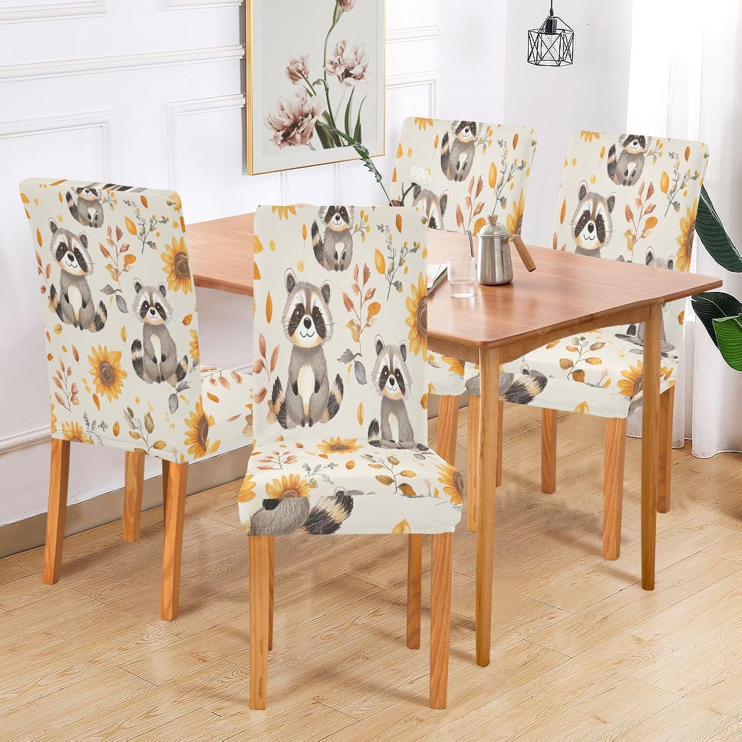 ALAZA Chair Covers for Dining Room, Cute Raccoons Sunflower Stretch Chair Cover Sets Chair Protector Removable Washable for Ktichen Restaurant Hotel