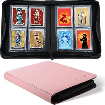 WITHYU Top Loader Binder - Holds 128 Toploaders, 4 Pocket 16 Side-Loading Pages, Zip Trading Card Binder for TCG, MTG, Football & Sports Cards Pink