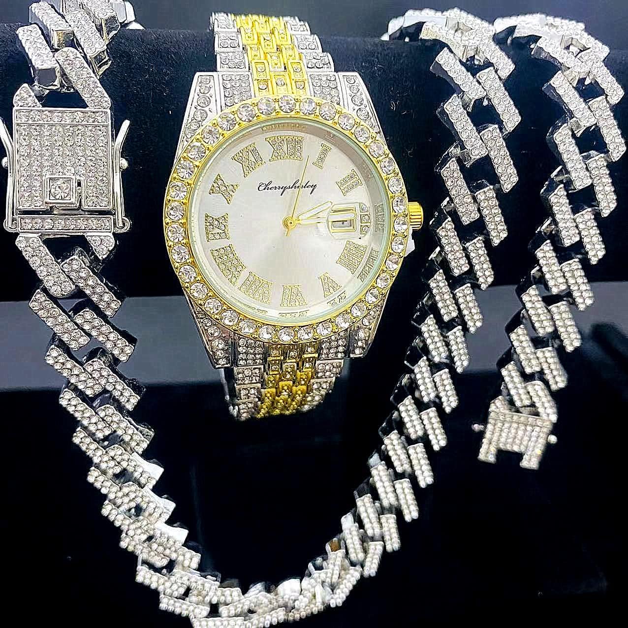 3PC Diamonds Gold Watch Iced Out Cuban Chain Bracelet Men's 18K Real Gold/Platinum White Gold Plated 40MM Width Green/Blue/Red Dial Quartz Wristband Jewelry Set