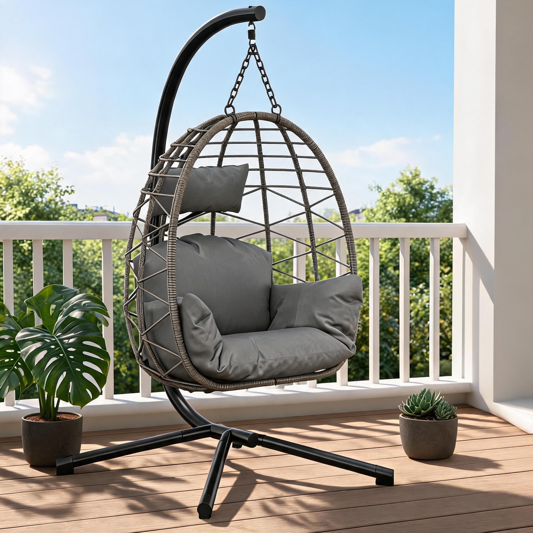 Rattan Hanging Egg Chair with Rain Cover, Garden Swing Seat Steel Frame, Grey
