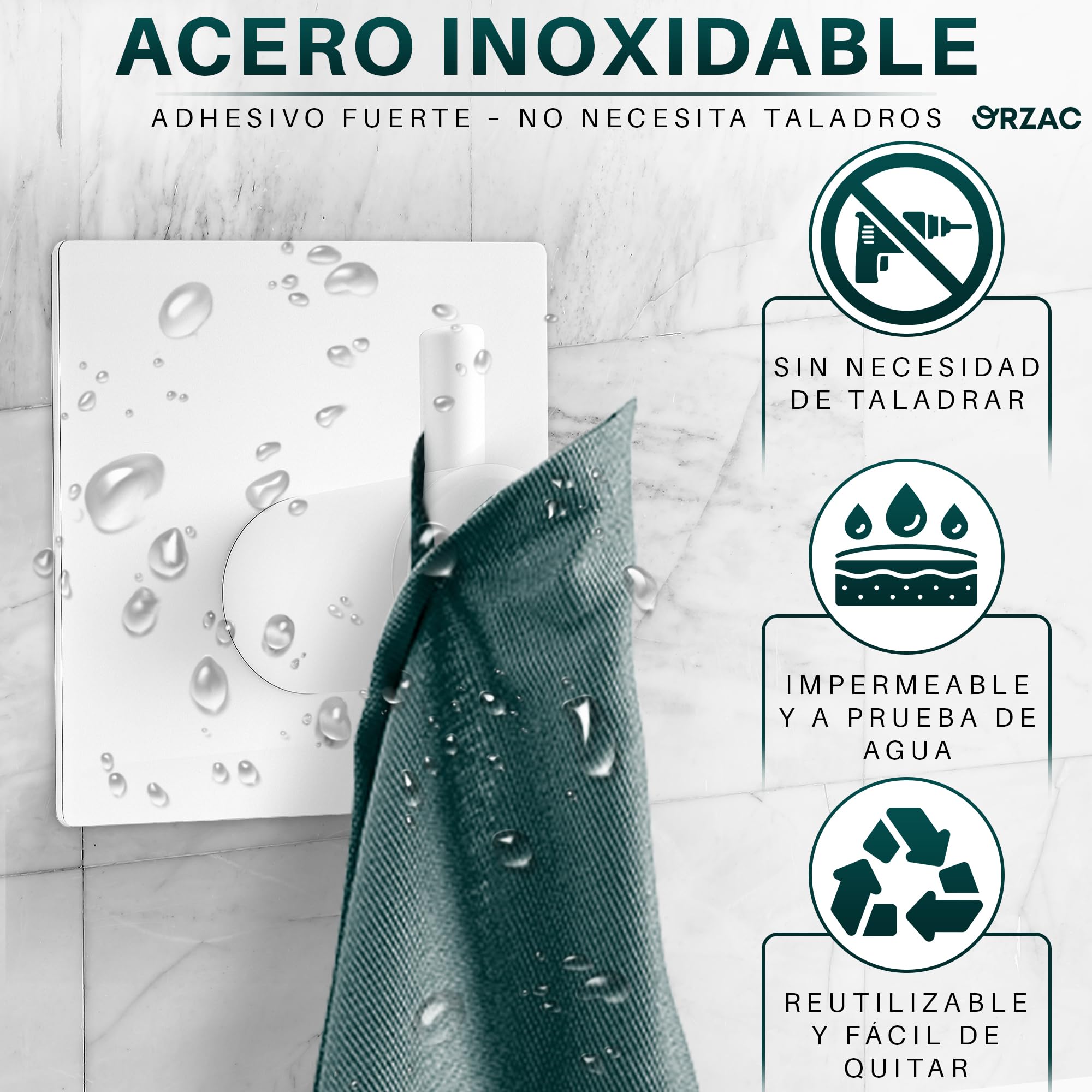 Ganchos Adhesivos para Pared Sin Taladro, Pack 6, Resistentes para Baño y Cocina, Blanco