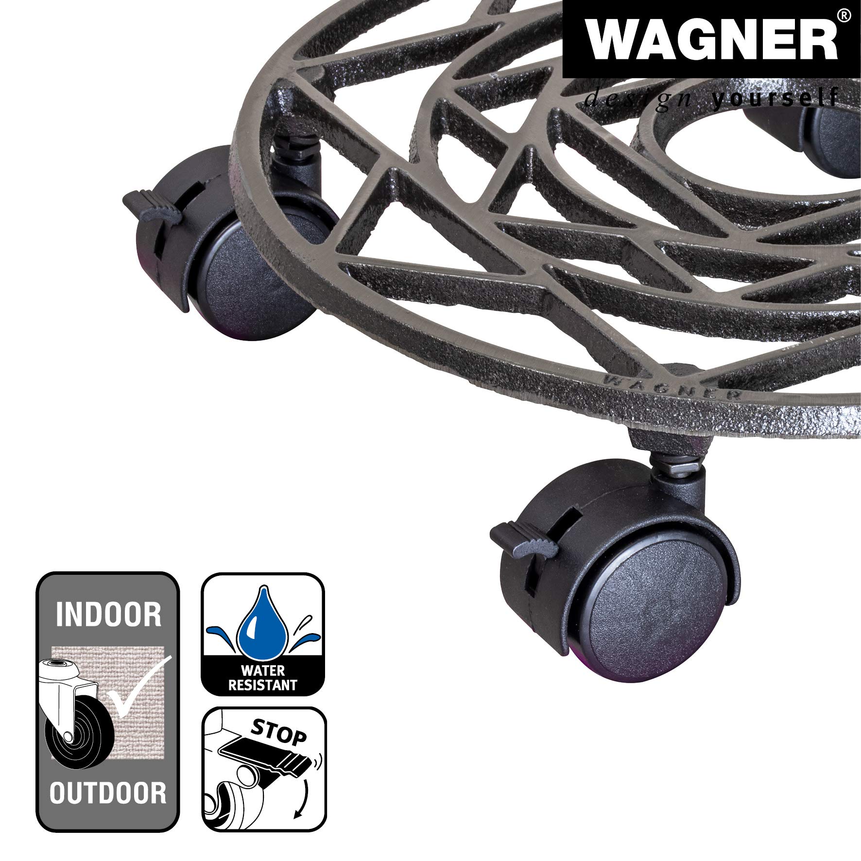 WAGNER Support à roulettes pour Pot de Fleur ÉTOILE Ø 29 x 6,5 cm I pour l'intérieur + l'extérieur I Roule Pot en Fonte, Couleur Nickel I 2 Freins I Capacité de Charge 50 kg - 20092101