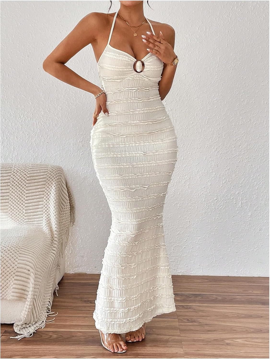 GORGLITTER Women's Halter Neck Bodycon Maxi Dress Sleeveless Backless Fishtail Party Long Pencil Dresses Wedding Guest Dress - Image 4