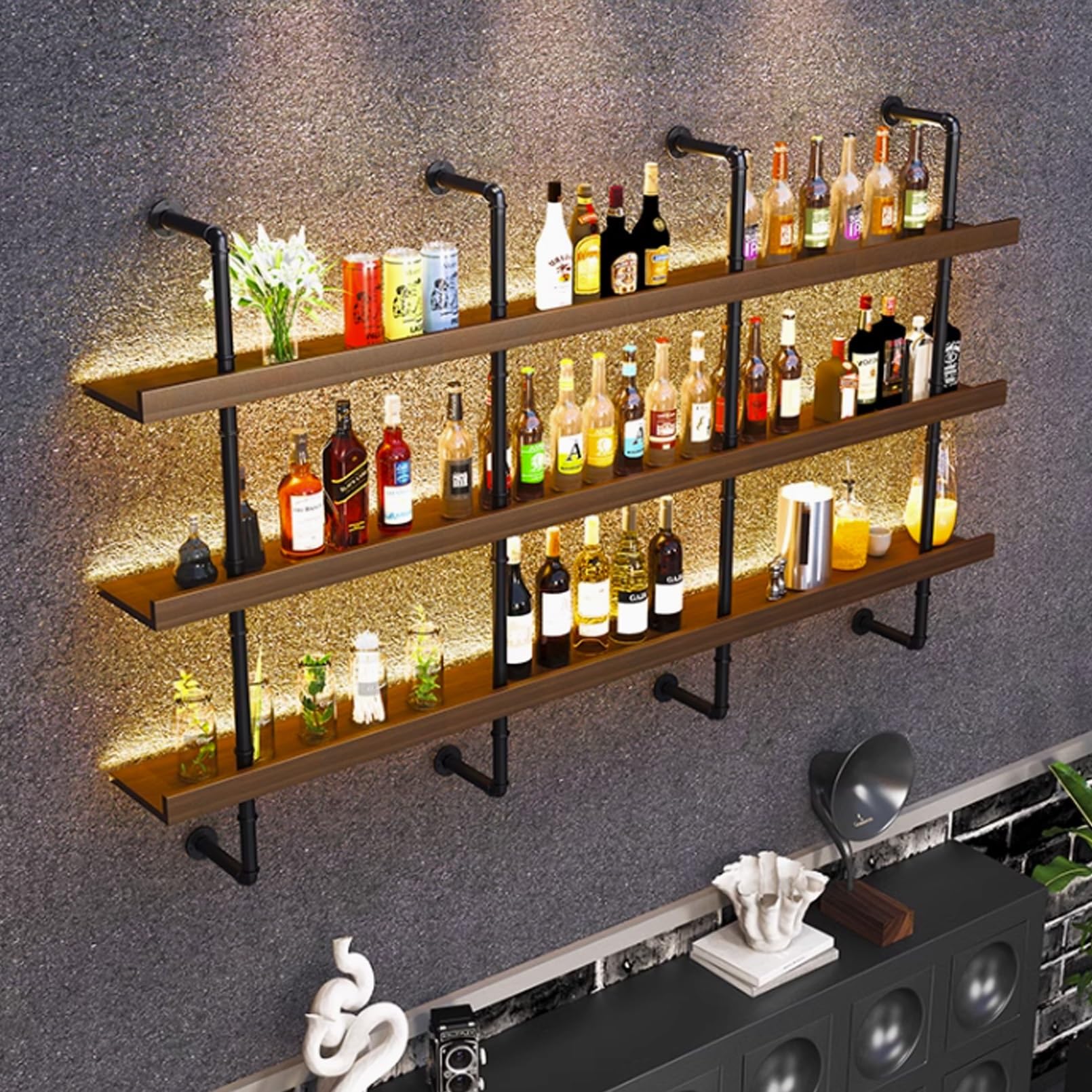 Étagère à vin murale LED en bois massif de noyer 31,4" avec support à liqueur 3 niveaux
