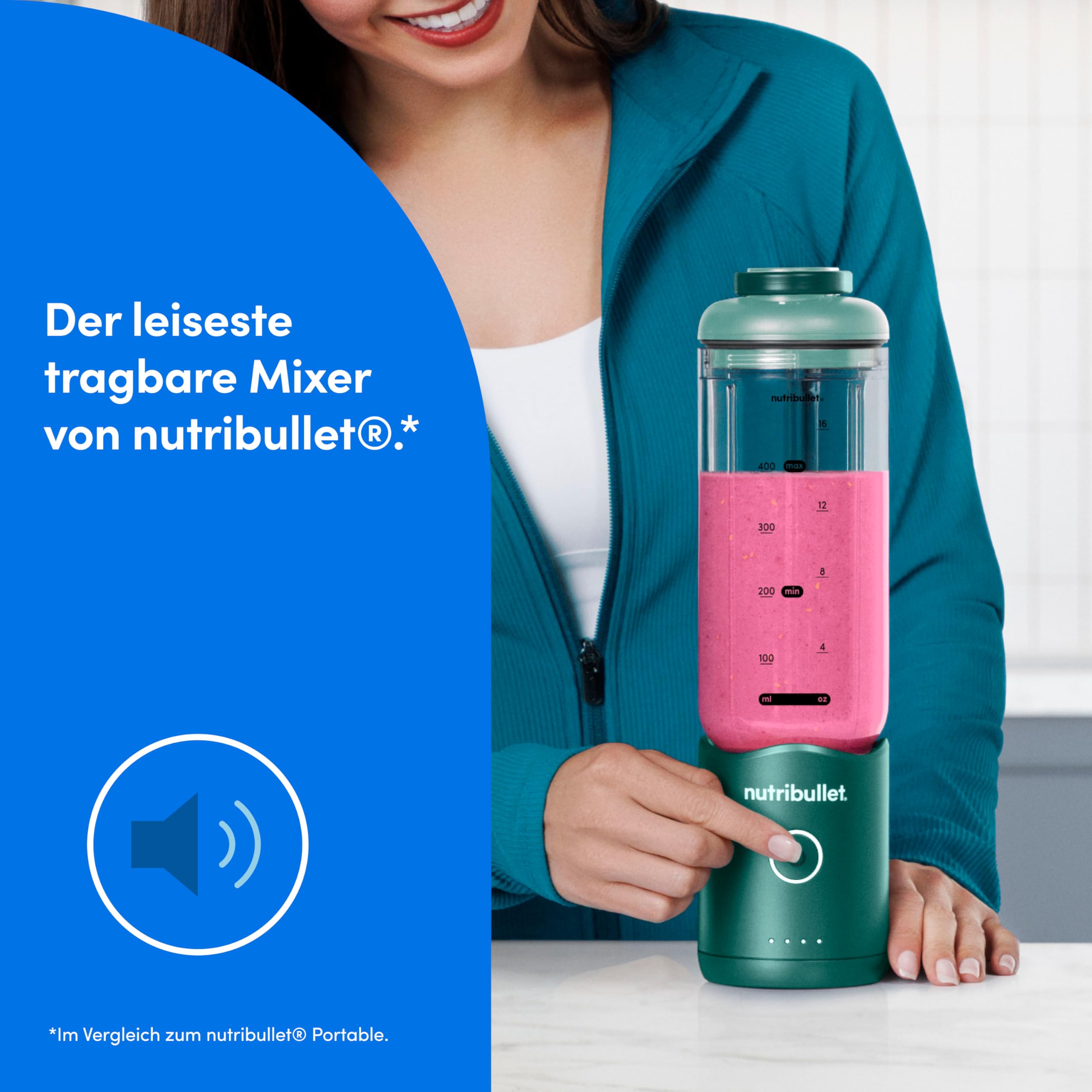 nutribullet Flex 590ml - tragbarer Smoothie-Mixer mit Trinkdeckel, zerkleinert Eis und gefrorene Früchte, USB-C, Trageschlaufe, BPA-freier Becher, leicht zu reinigen, Waldgrün (NBP013GR)