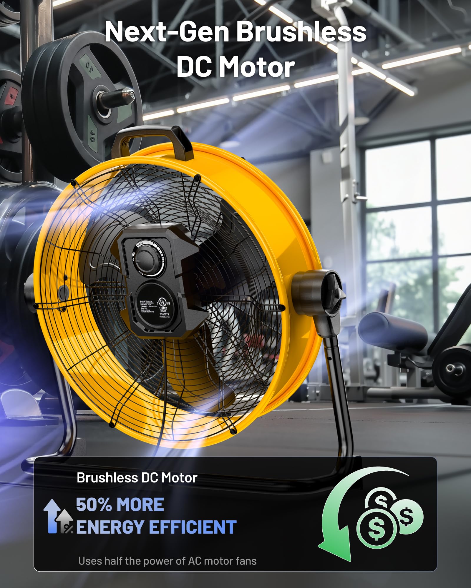 iLiving 5703 CFM - Ventilador de tambor de piso de alta velocidad con motor sin escobillas de CC, ajuste de velocidad continuo para talleres, certificación UL de seguridad, ILG8M20-50DC