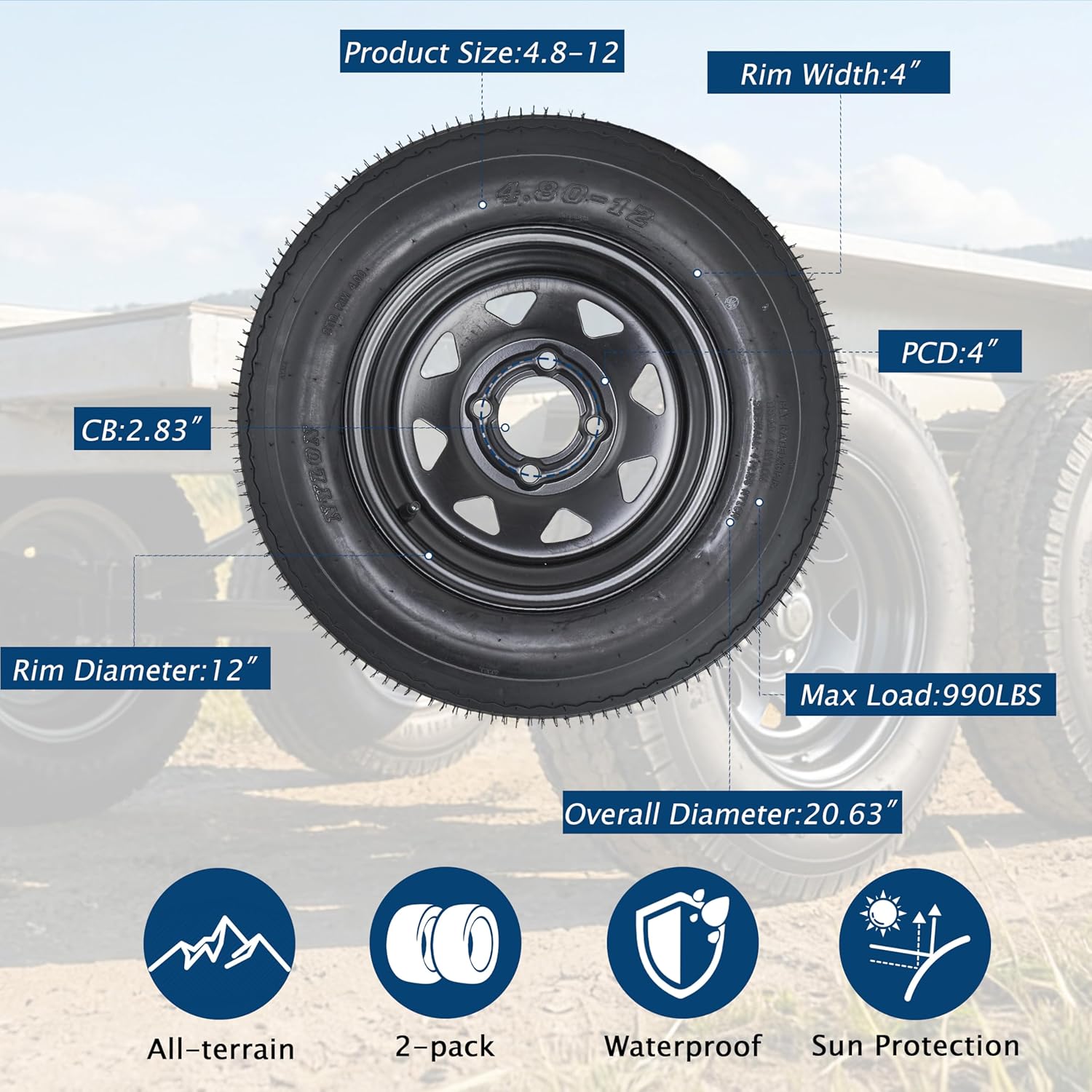 4.80-12 4.80x12 480-12 4.8-12 Trailer Tires with 12 in Rims, Complete Tire and Rim Set, Load Range C, 6PR, Black (4 Lug on 4", 4.80-12)