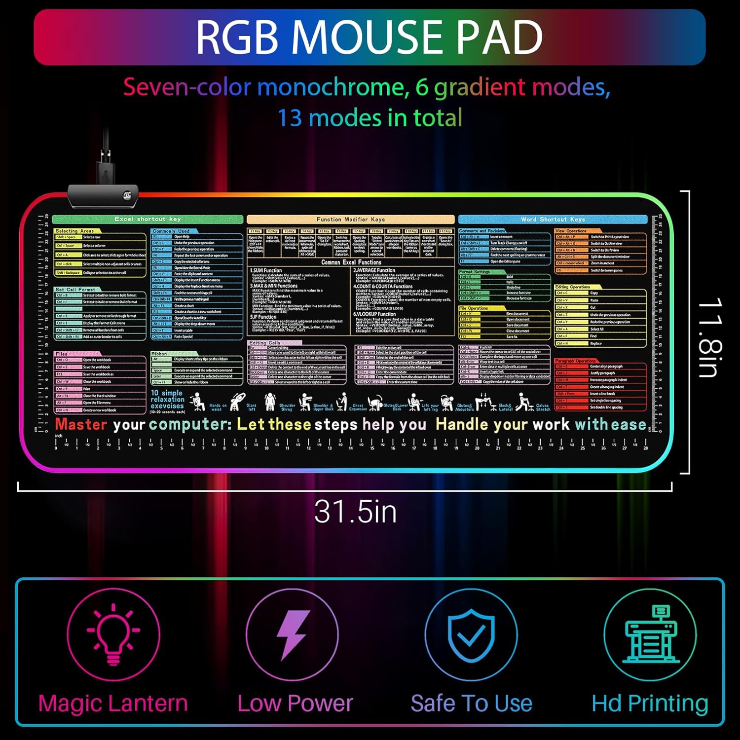 RGB Excel Cheat Sheet Desk Pad 31.5x11.8 with 13 Light Modes - Light Up Waterproof RGB Mouse Pad with Inch Scale,Contain 12 Types of Common Skill in Excel and Word,Excelpad XL Led Desk Mat