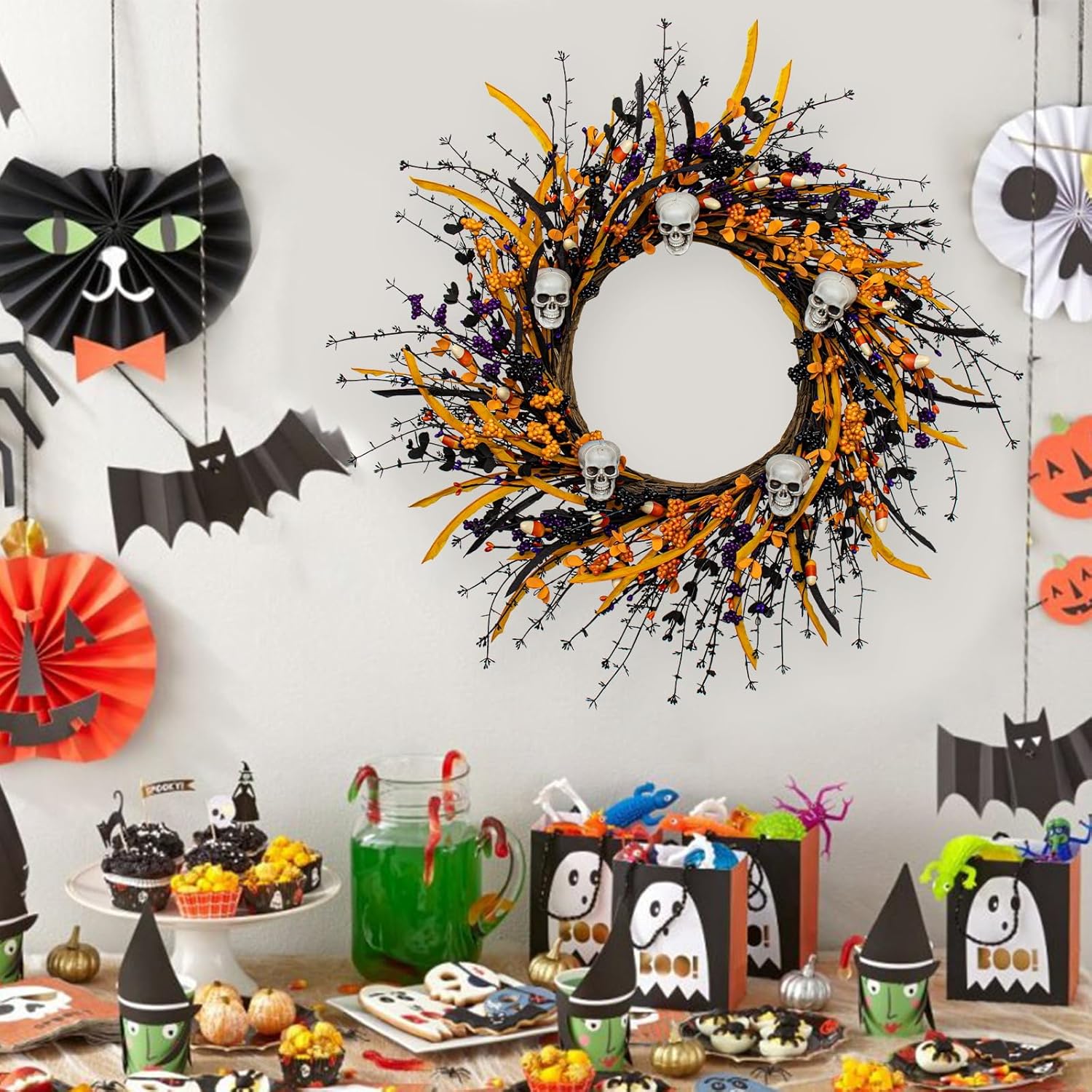 JINGHONG Artificial Halloween Wreath 22 Inch Black Halloween Wreaths for Front Door Skull Wreath with Candy Berries for Party Wall Porch Decor