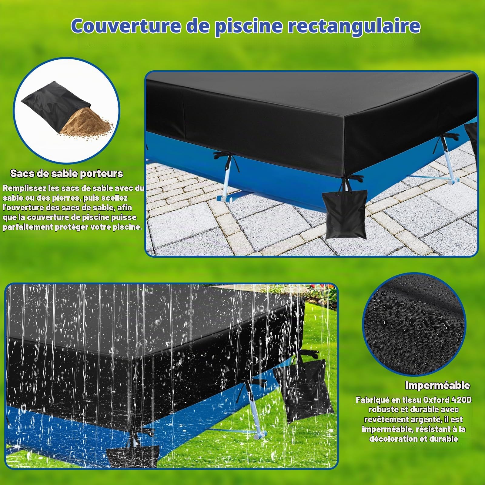 450x220x30cm Bâche de Piscine Rectangulaire pour Piscines Hors-Sol, Robuste Tissu Oxford 210D Couverture avec 4 Sacs de Sable et 1 Sac Rangement
