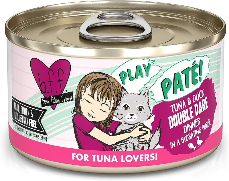 Ração úmida para gatos Weruva B.F.F. Play Patê de Atum e Pato Double Dare, Pacote com 12 latas de 79 g
