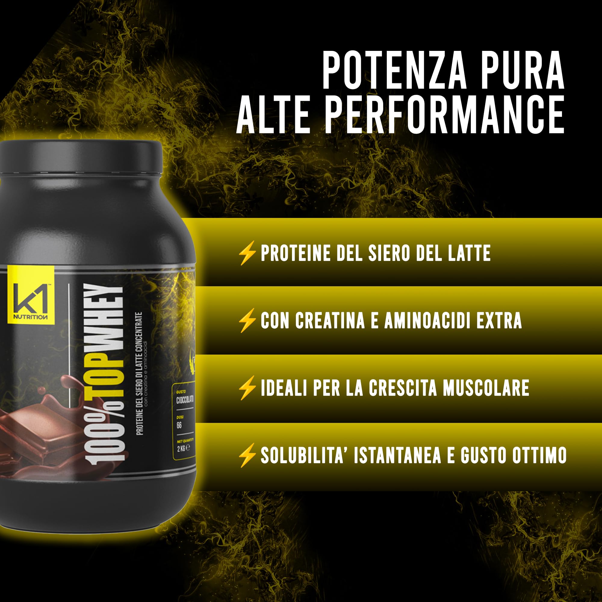 100% Top Whey 2Kg - Proteine in Polvere con Creatina - Whey Protein - Proteine del Siero del Latte con Creatina, Taurina e Aminoacidi - Gusto Cioccolato