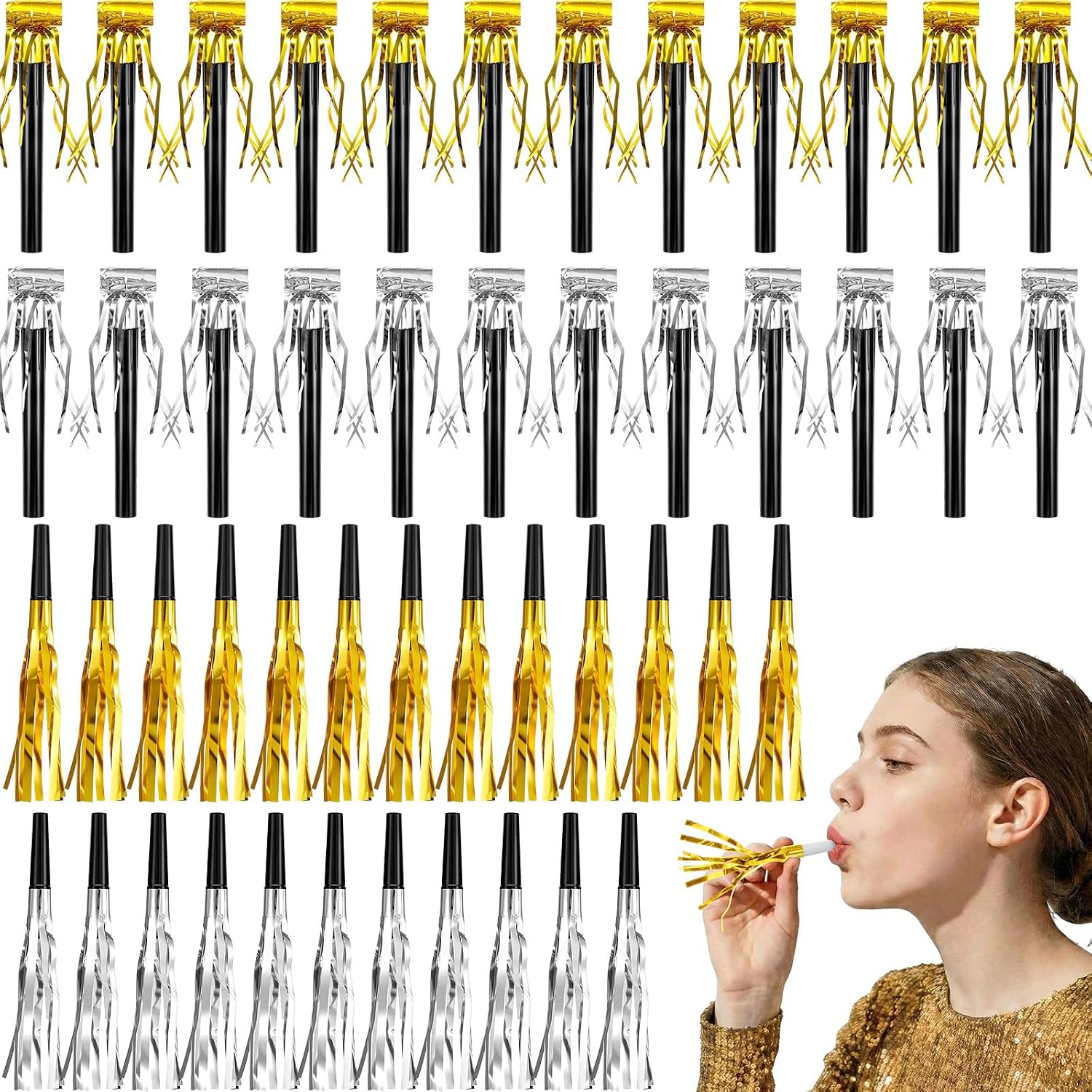 Skylety 48 Pcs Gold Silver Noise Makers Glitter Noise Makers Metallic Fringed Party Blowers Noisemakers Horns for Adults Wedding Graduation Birthday Sporting Events 2026 Summer Party Favor Supplies