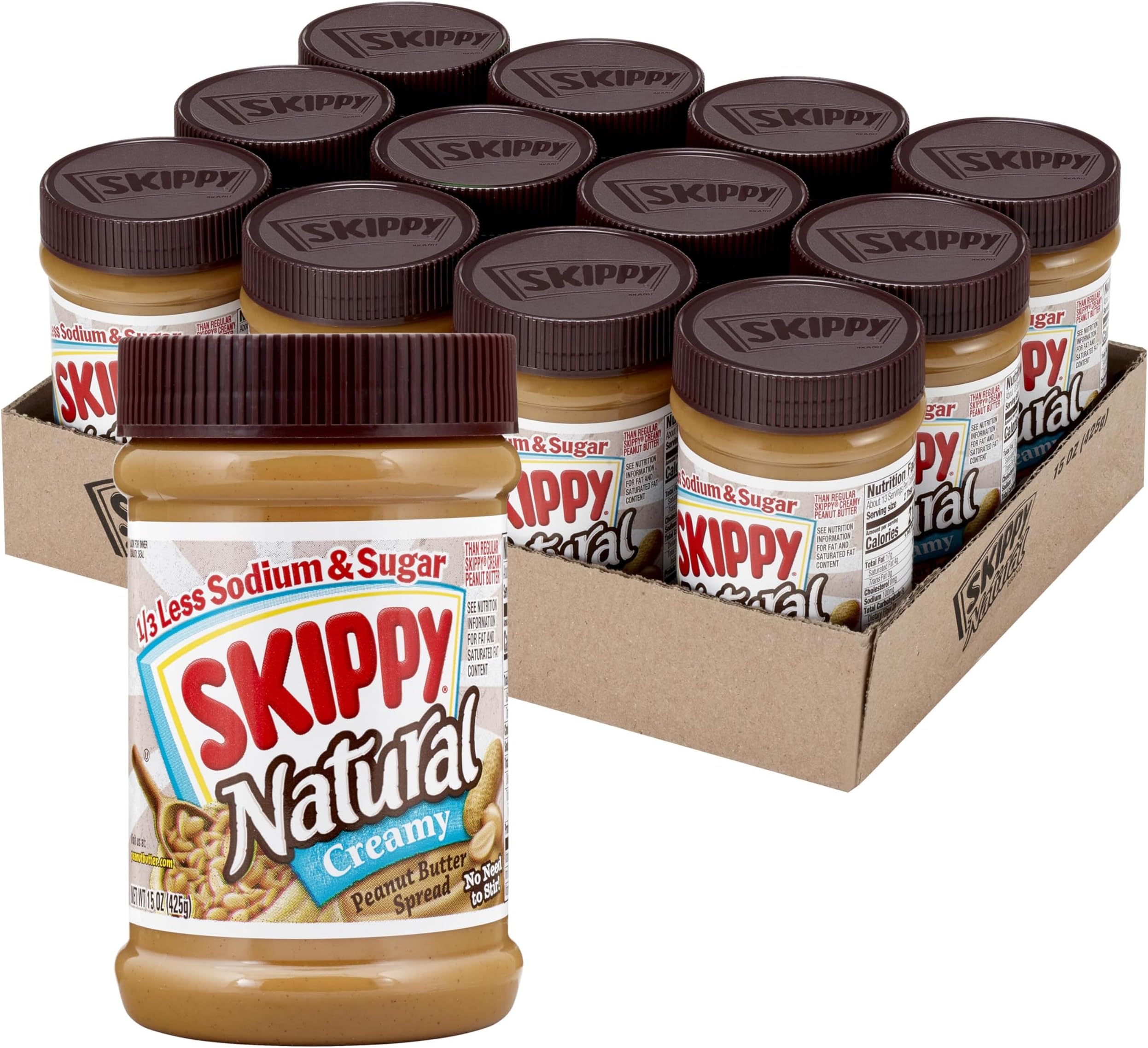 - SKIPPY Natural Creamy 1/3 Less Sodium & Sugar Peanut Butter Spread, 15 oz Jars (Pack of 12)– Gluten-Free, 7g Protein per Serving