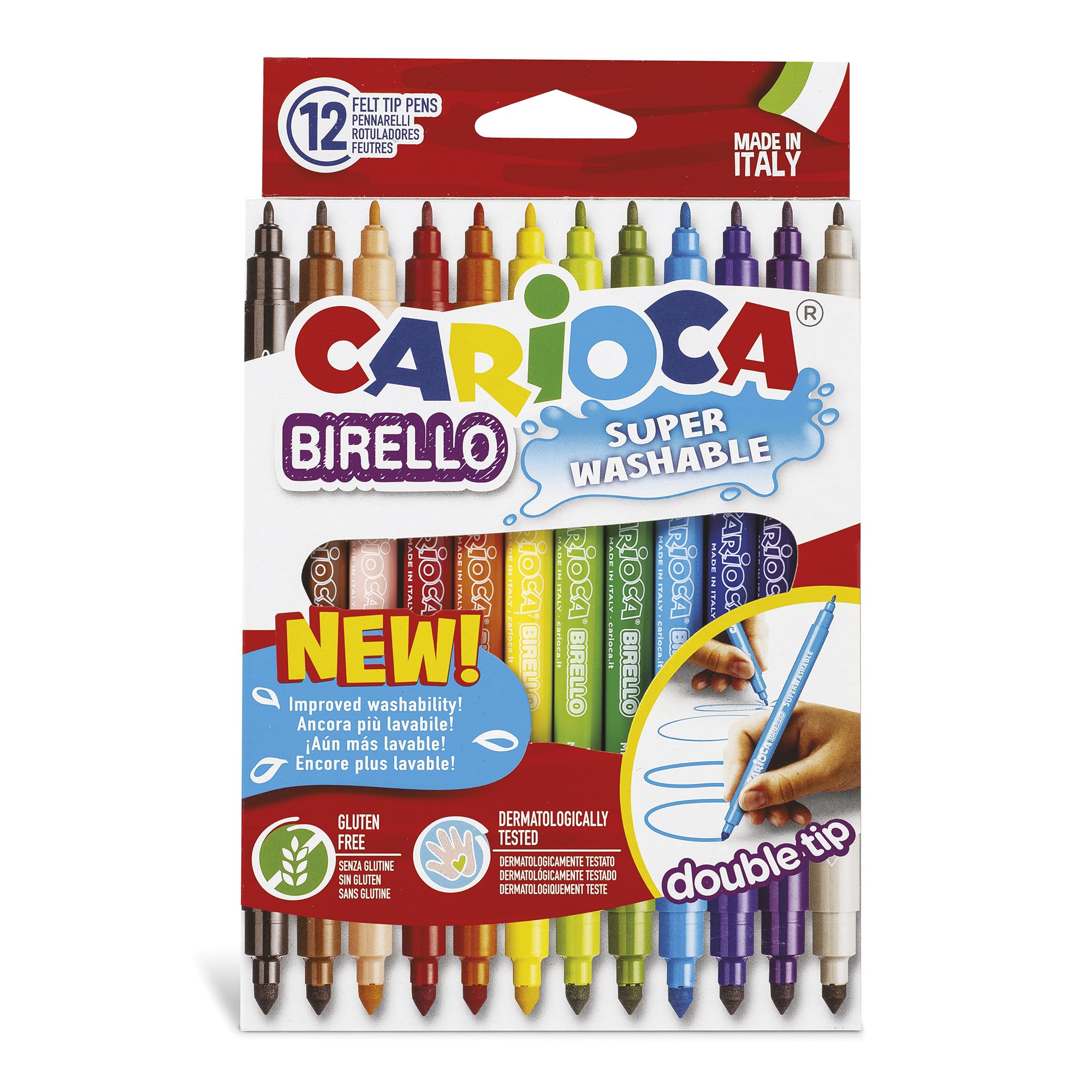 CARIOCA Dual Tip Colors Birello Markers Box of 12, Fine Tip 2.6mm and Medium Tip 4.7mm, Super Washable Non-Toxic Ink, Long Lasting, Gluten Free, Made in Italy (Box of 12 Markers)