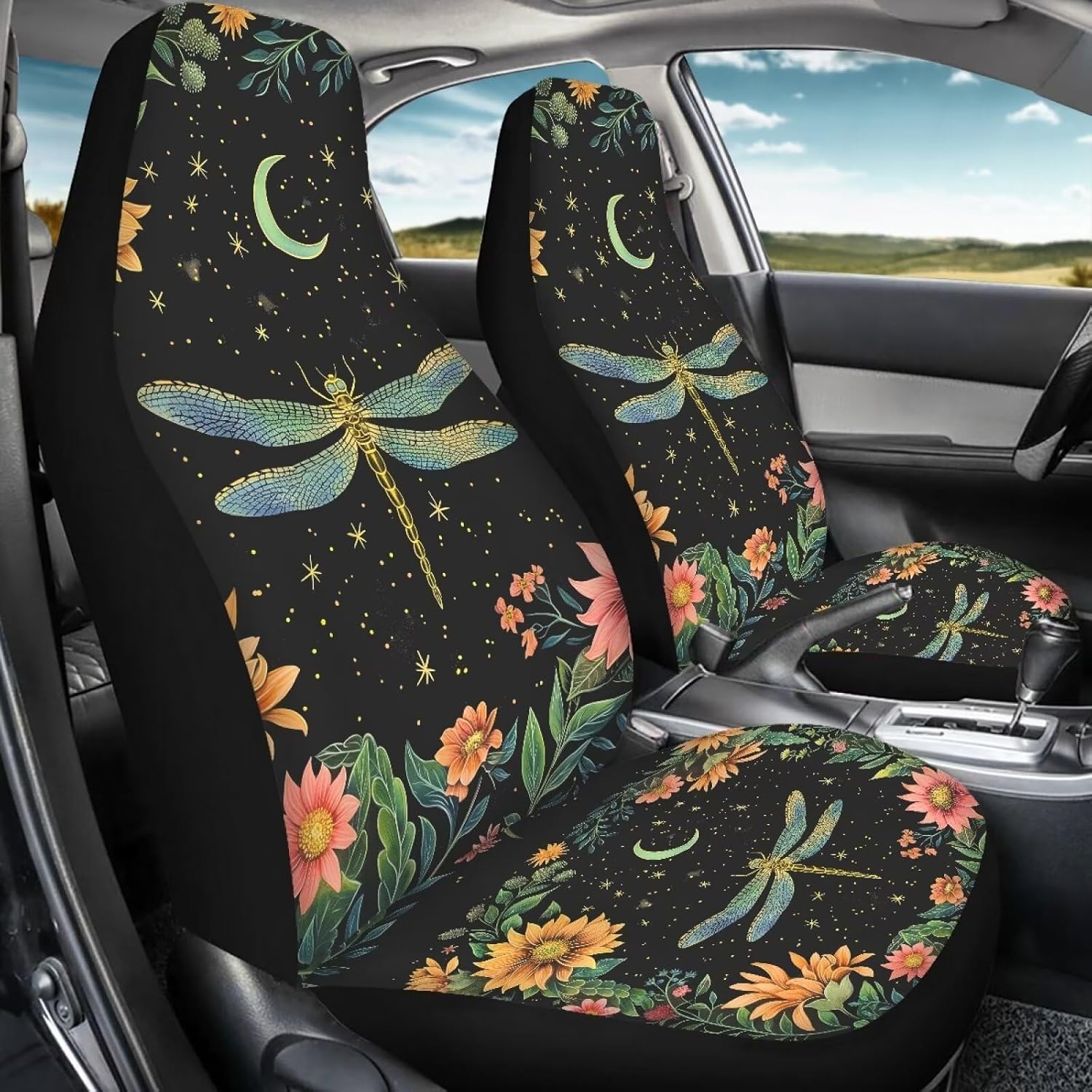 Dragonfly Floral Moon Pattern Car Front Seat Covers Breathable Seat Protector Cover for Summer Universal Fit Car Seat Cover Car Interior Accessories