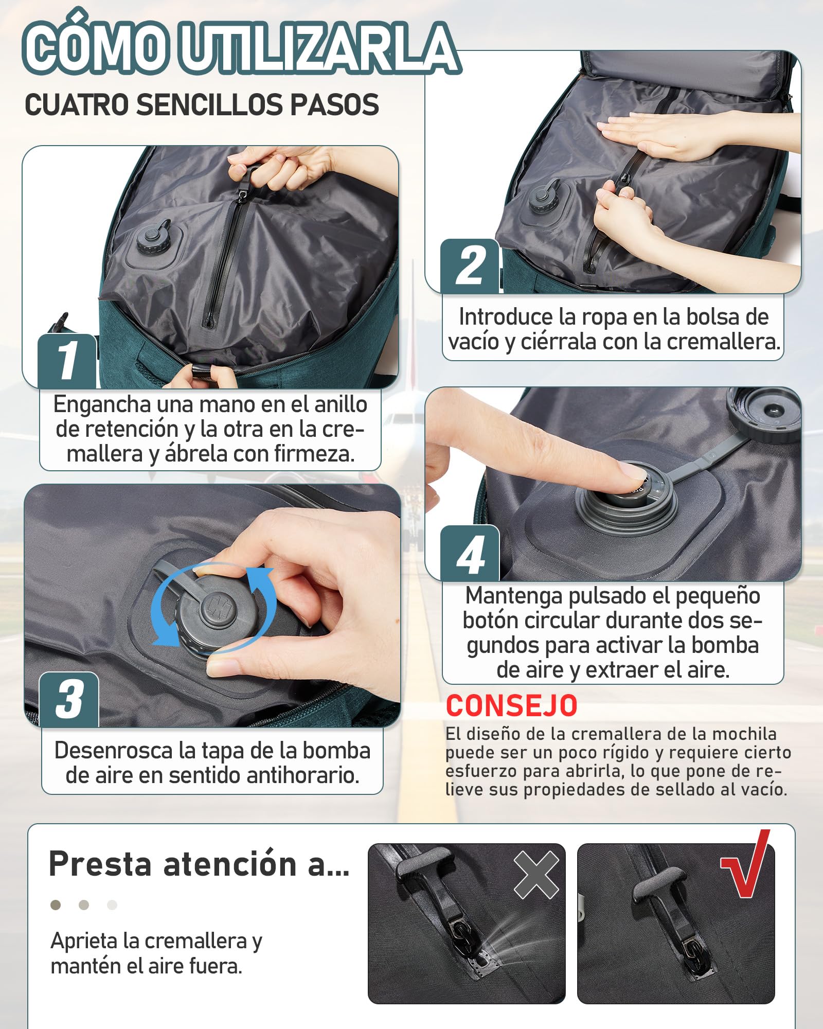 suradar Mochila al Vacío Viaje con Bomba Integrada Mochilas Cabina Avion 40x20x30 Ryanair Wizzair Eurowings Vueling Mochila Compresion al Vacio con Bomba Equipaje de Mano 40x30x20 Azul Pavo Real