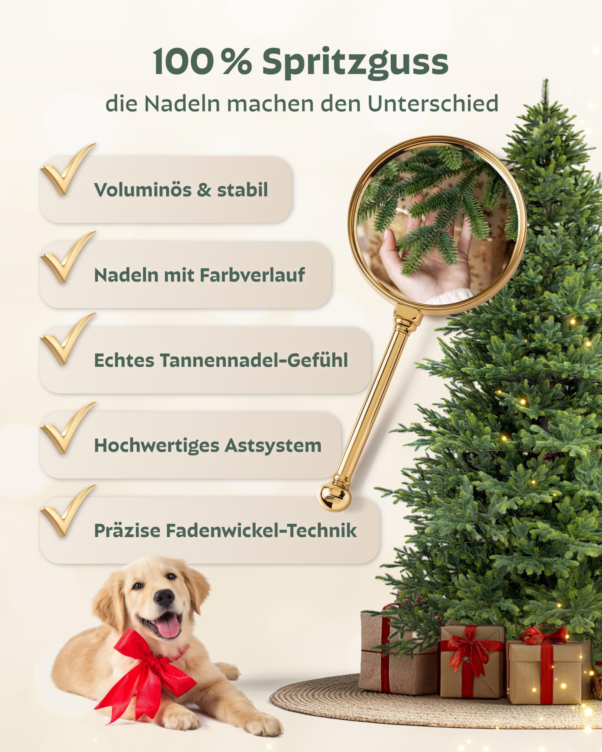 Håvn ® 100 % Spritzguss Künstlicher Weihnachtsbaum (180 cm) – Modell 2026 – Naturgetreuer Stamm, extra dichte Zweige, inkl. Holzständer & Tasche – Premium Tannenbaum