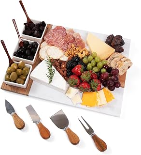 Acacia Wood and Marble Charcuterie Board Set - 11 Piece Cheese Board Serving Platter - Includes Knives, Bowls, Spoons - Gift Appetizer Board with Accessories - Housewarming and Holiday Unique Gift