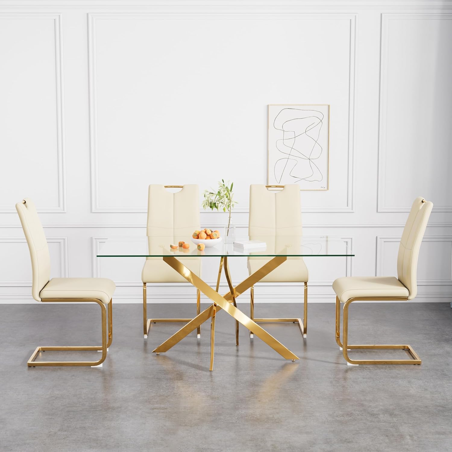 63'' Luxury Dining Table Set for 6, 7 Pieces Modern Rectangular Clear Tempered Glass Top Table and PU Leather Chairs for Large Dining Room, Living Room, Kitchen, Black with Silver Base