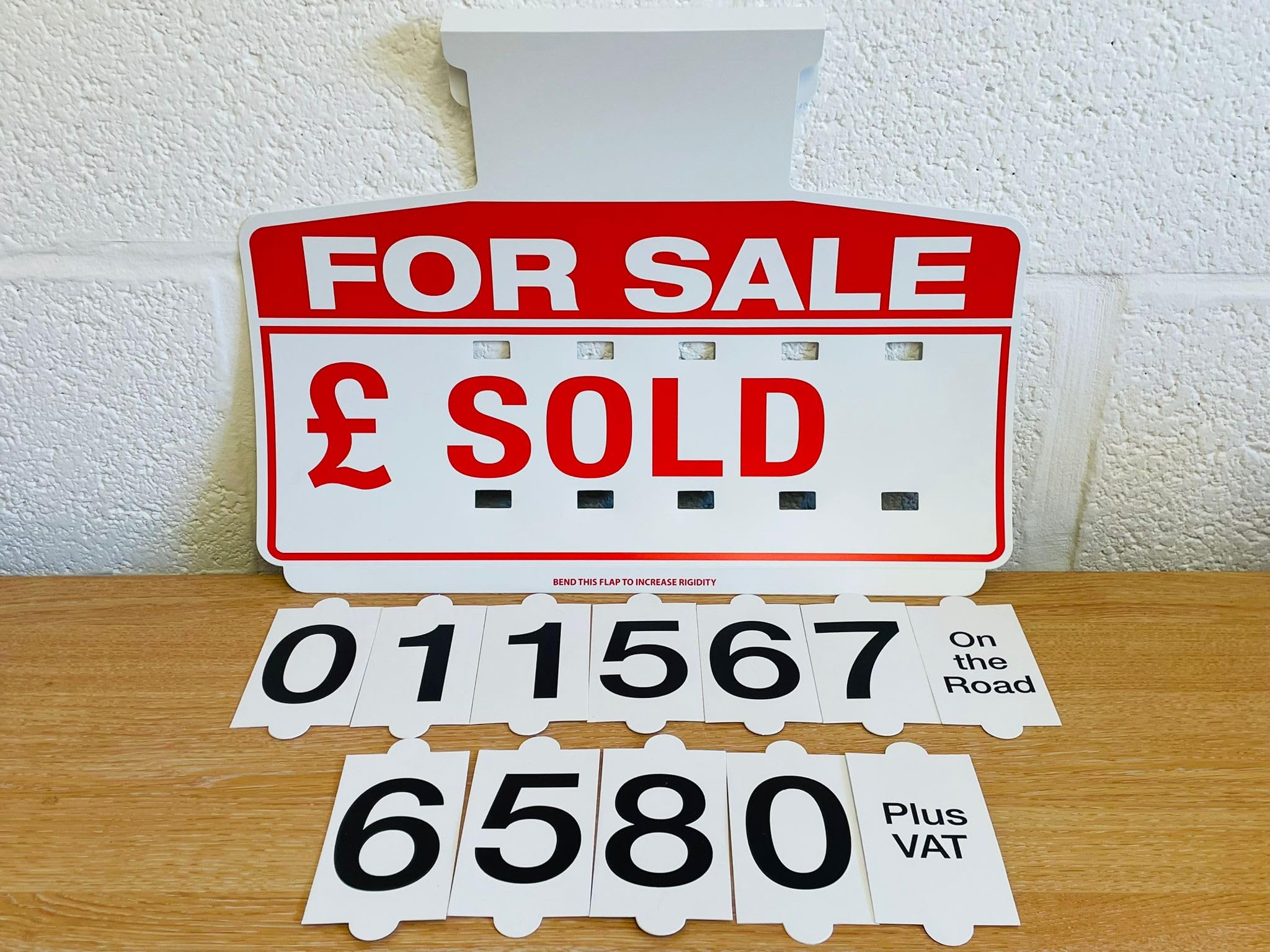 For Sale Sign Boards Pack, 10 White and Red Car Sun Visor Price Display Kits with Numbers, Plus VAT