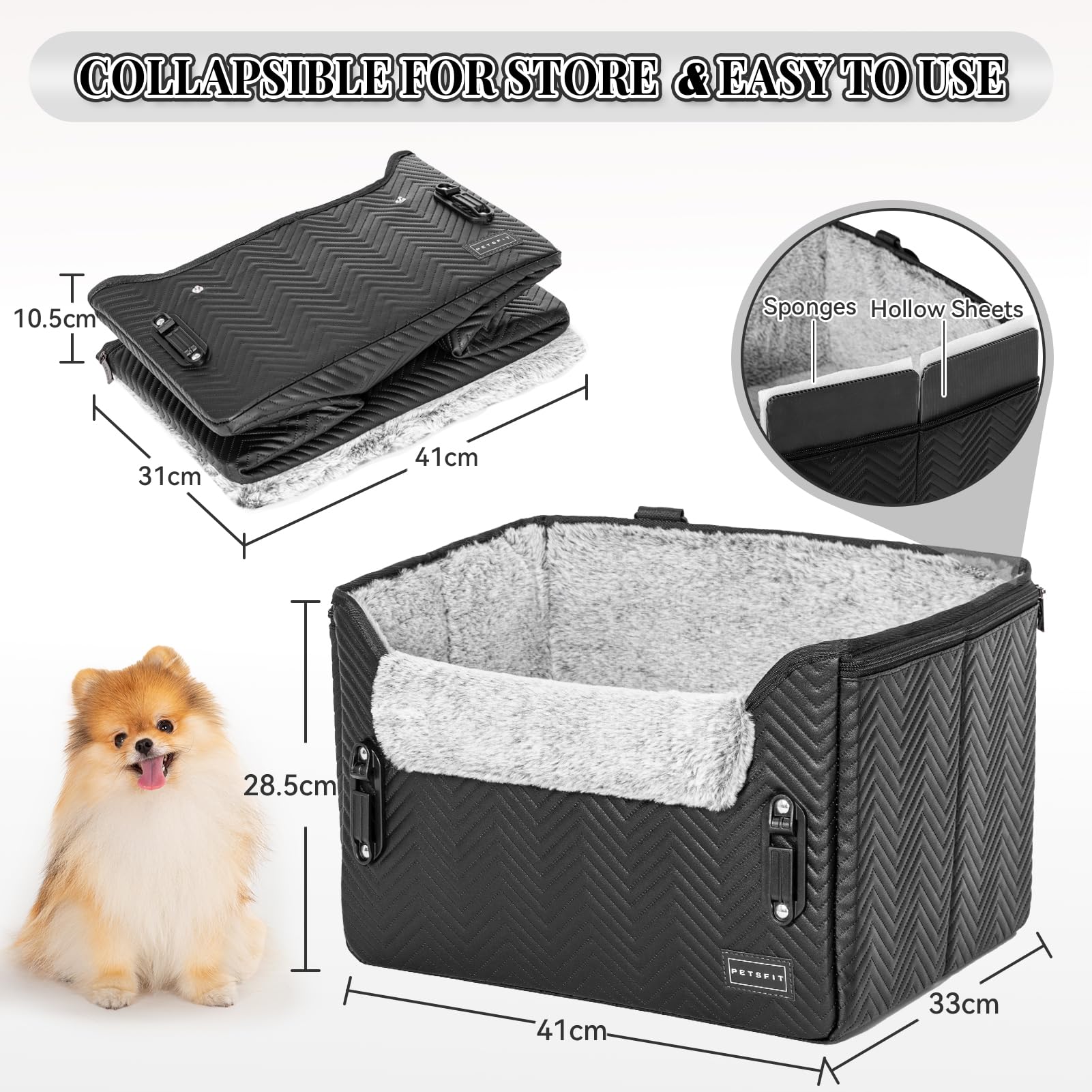 Petsfit Hunde Autositz für kleine Hunde, Stabiler & Sicherer Hundeautositz Hundesitz Auto Rückbank mit Sicherheitsgurt-Halteclip, Hundekorb Hundebett Auto mit waschbaren Plüschkissen
