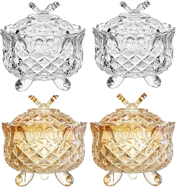 Jucoan 4 Pack 9oz Crystal Glass Candy Dish with Lid, Royal Embossed Footed Candy Box Containers Bowl, Decorative Jewelry Box Dampen Dish, Small Sugar Bowl Wedding Candy Buffet Jars, Amber
