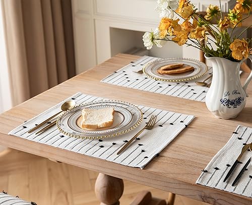 Miniatura 5 de Caflife Juego de 6 manteles individuales bohemios para decoración de mesa de comedor, manteles individuales de tela tejida en negro y beige para