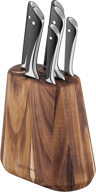 Tefal Jamie Oliver Kitchen Knives Set with Knife Block, 6 Pieces, German Stainless Steel, Acacia Wood, K267S755