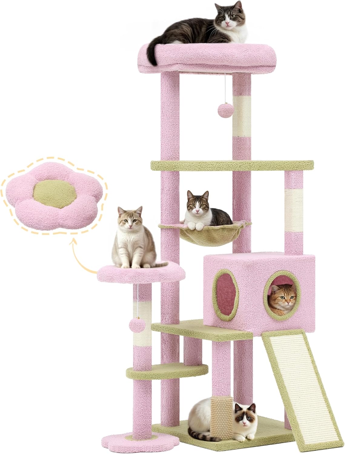 DWVO Flower Cat Tree for Large Cats: 61" Tall with Self-Grooming Brush, Cute Kitten Climbing Tower for Indoor Kittens with Cat Condo, Top Perch, Basktet, Sisal Scratching Posts, Dangling Ball