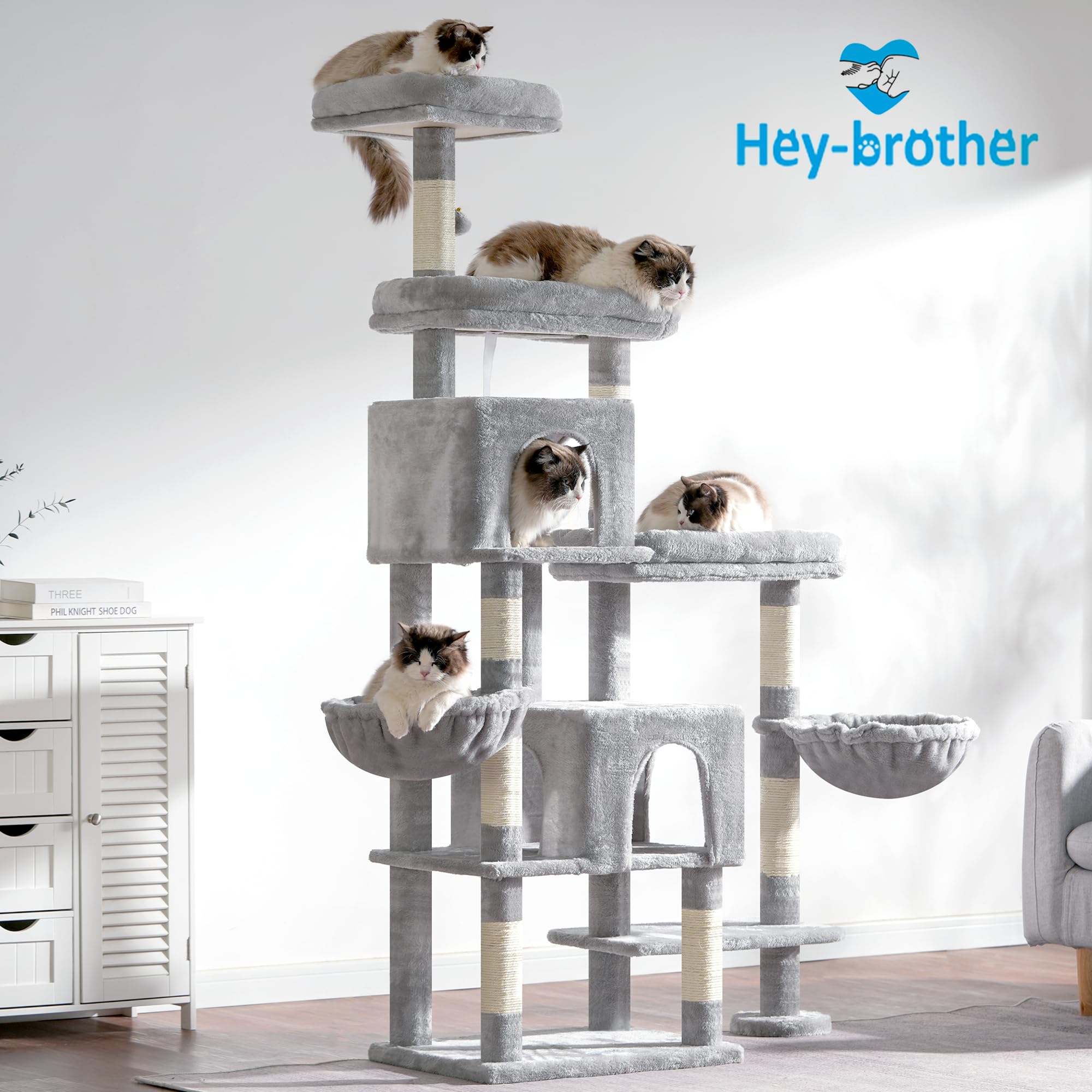 Hey-brother EMPJ034M Krabpaal groot, 180 cm XXL kattenboom, voor grote katten, stabiel met sisaltouw, grote krabplank, mand, 3 platform en 2 huis, beige Hey-brother EMPJ034M Krabpaal groot, 180 cm XXL kattenboom, voor grote katten, stabiel met sisaltouw, grote krabplank, mand, 3 platform en 2 huis, beige