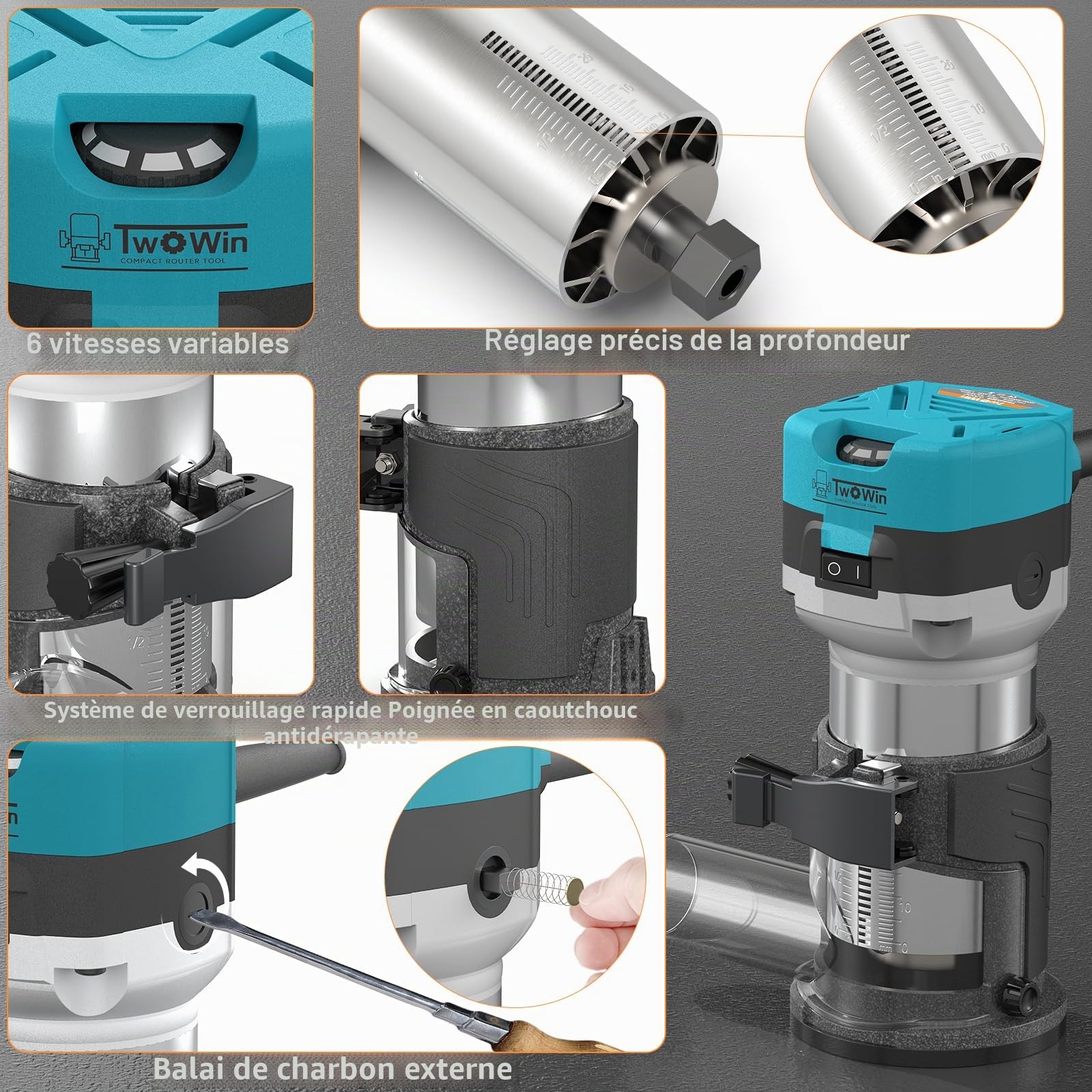 TWOWIN Outil de défonceuse à bois, 6,5 A, 1,25 CV, outil de défonceuse à bois portable, défonceuse compacte pour le travail du bois, 6 vitesses variables, base fixe, outil de travail du bois avec