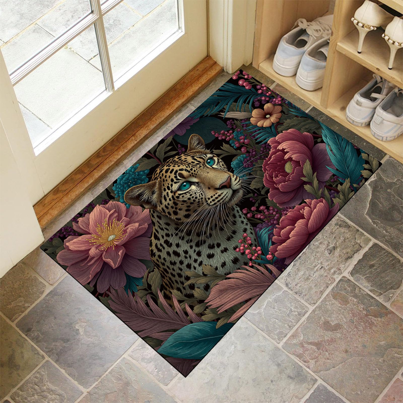 Tapis d'entrée léopard et fleurs rose 80x120 cm pour égayer votre cuisine ou chambre