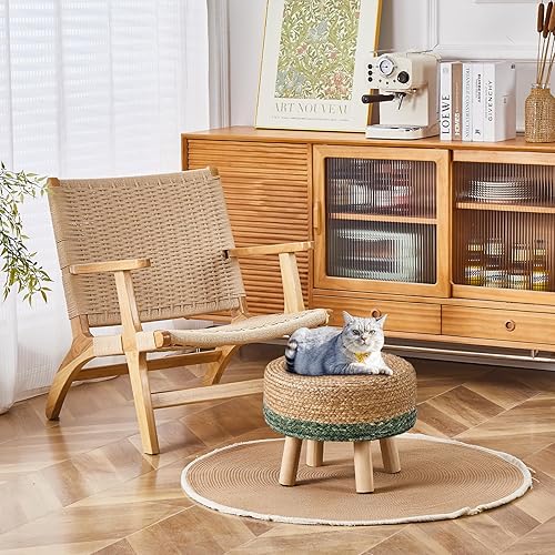 Miniatura 6 de Wimarsbon Puf otomano, reposapiés con patas de madera, reposapiés de jacinto de agua natural hecho a mano, mesa auxiliar para sofá, silla de tocador