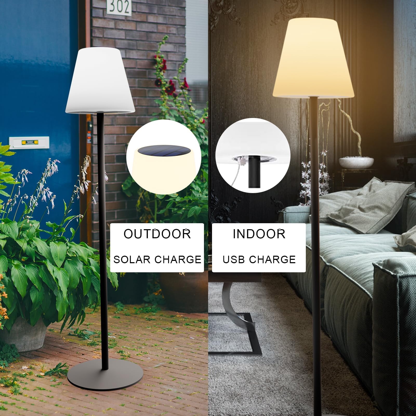 Lámpara de Pie Solar Inalámbrico Para Exteriores, Mandos a Distancia Blanco Cálido y RGB Regulable, IP44 Resistente al Agua Lámpara de Mesa Grande Para Jardín, Hotel, Patio (Negro)