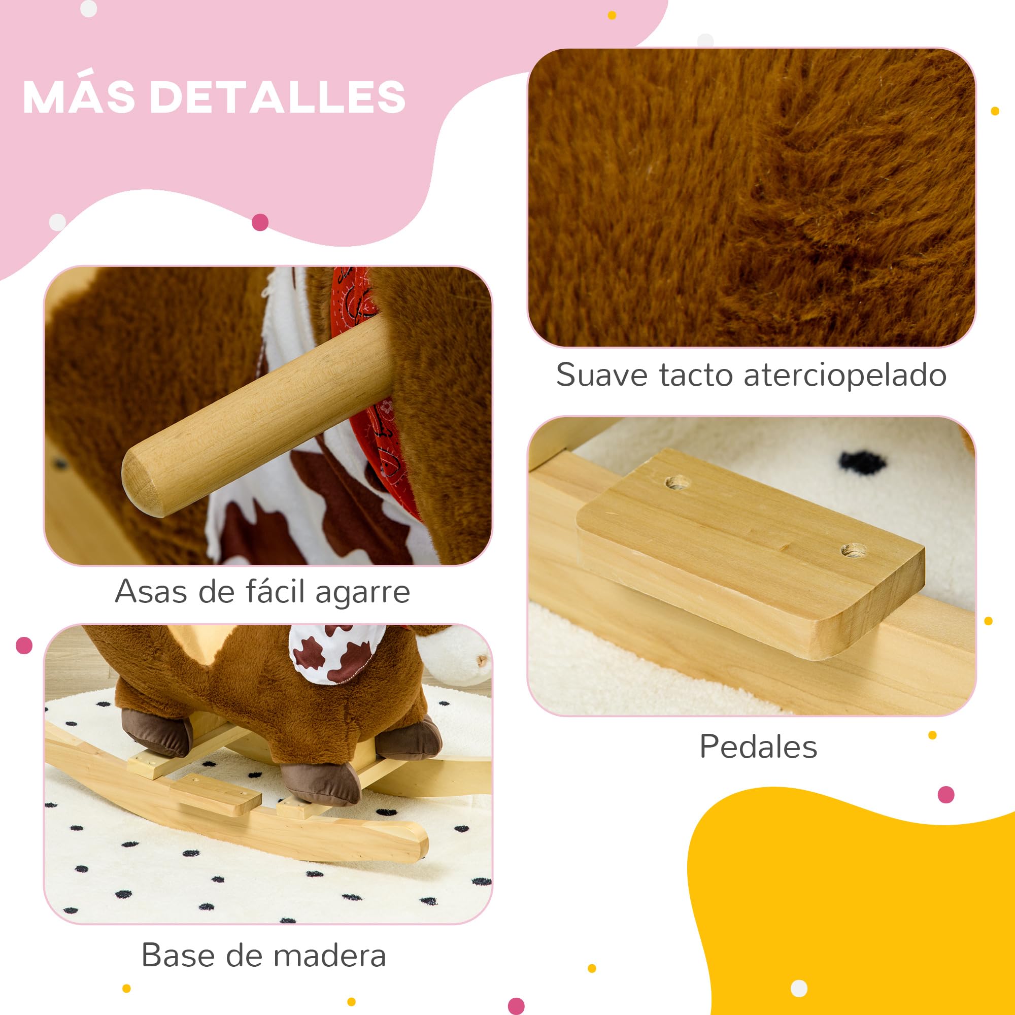 HOMCOM Caballito Balancín para Bebés 18-36 Meses Caballo Balancín con Sonidos de Animal Cinturón de Seguridad Manillar y Reposapiés Carga 40 kg 60x33x50 cm Café