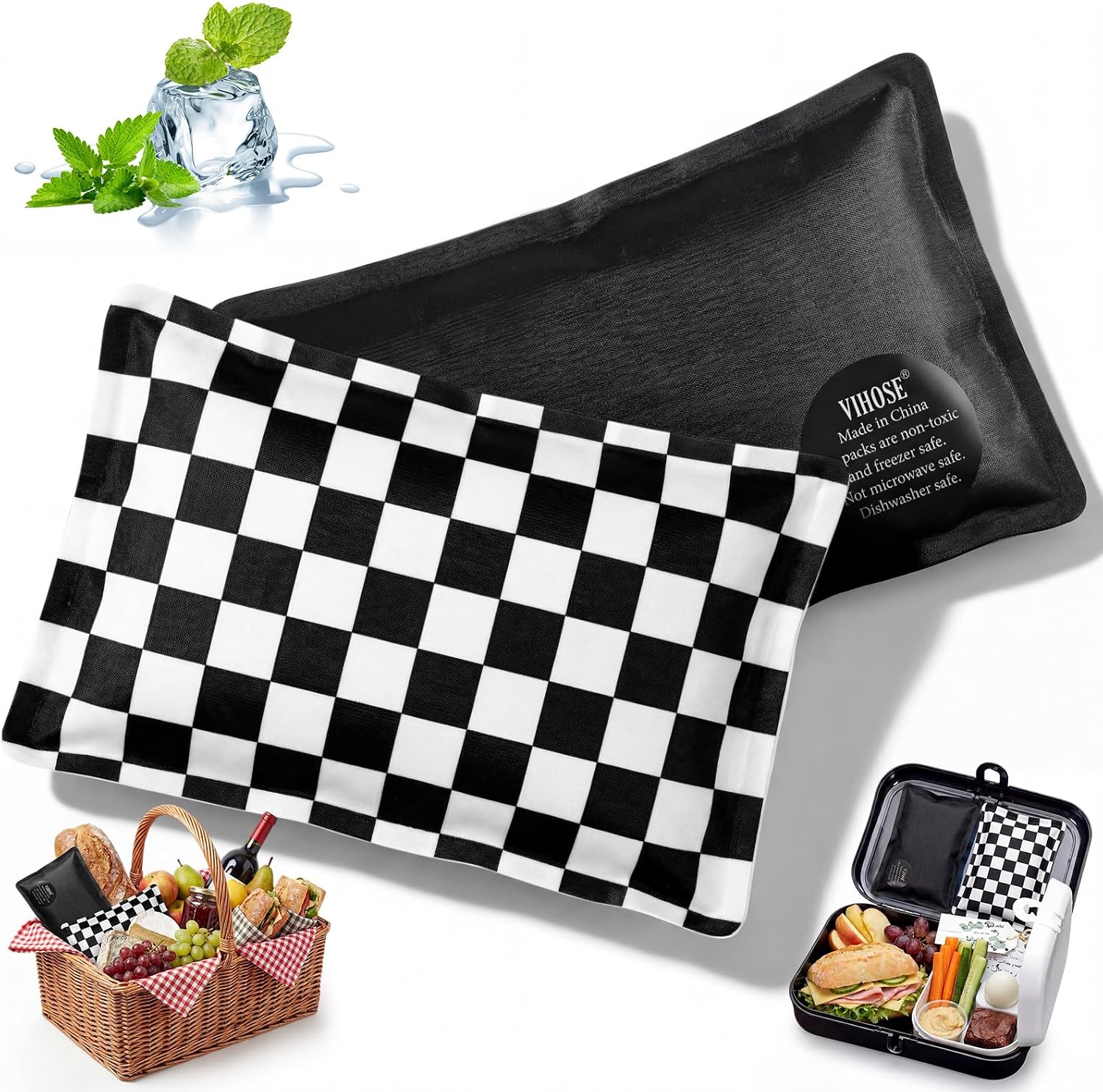 VIHOSE 2 Pcs Soft Ice Packs for Lunch Box Bag Coolers Back to School Reusable Flexible Long Lasting Gel Freezer Packs for Cold Bottle Camping Picnic, Easy to Clean