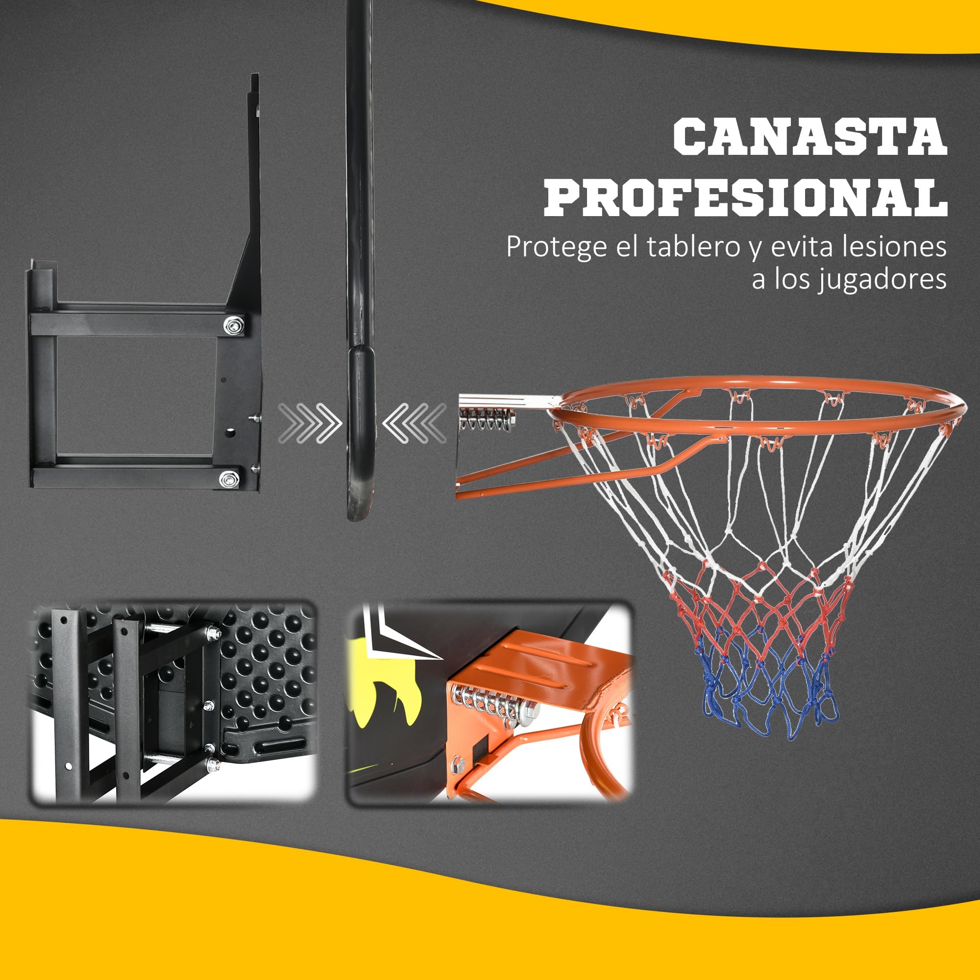 SPORTNOW Canasta de Baloncesto de Pared para Interior y Exterior - Tablero y Aro 110x90x70 cm Negro y Amarillo