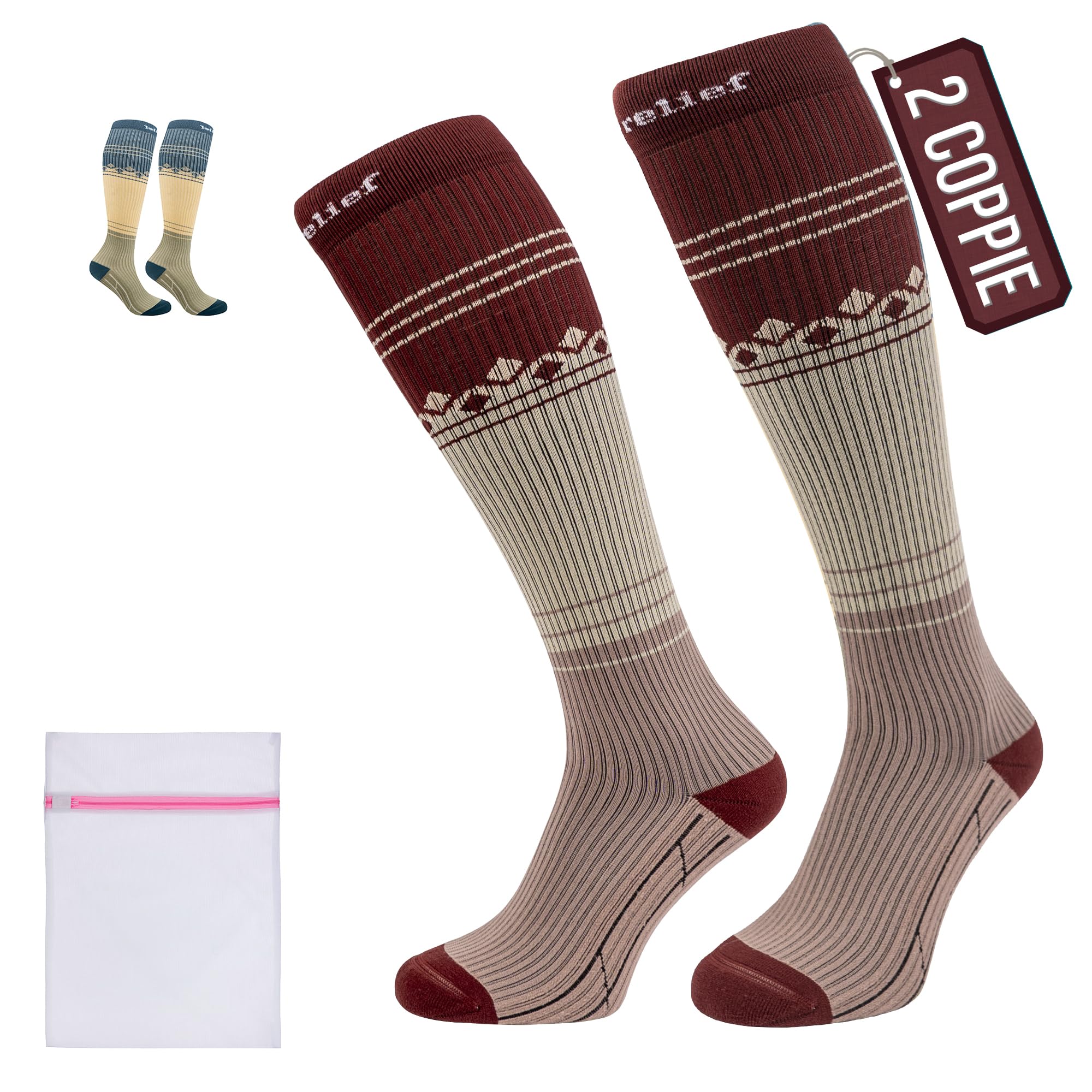 360 RELIEF Calze Elastiche a Compressione graduate 15-20 mmhg - Calze a Compressione Premium di Classe 1 per Donne e Uomo - Supporto per Corsa, Viaggio, Palestra, Sportivo - con Borsa Lavanderia