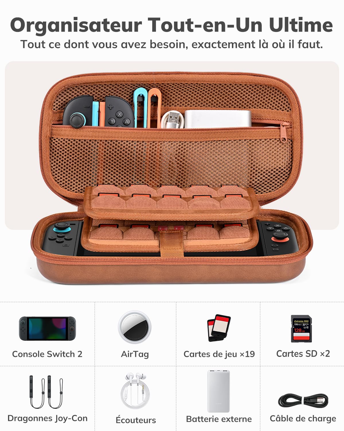 Younik Pochette Switch 2, Coque Rigide et Similicuir PU Étui Switch 2 avec 19 Emplacements pour Cartes de jeu et 2 Emplacements pour Cartes SD, Poche Filet Zippé (Marron)