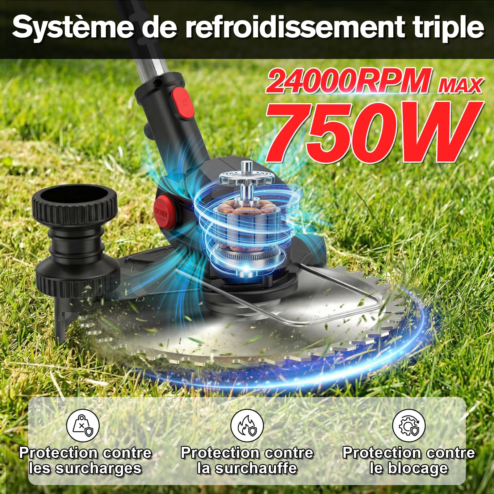 Débroussailleuse à Batterie 21V 850W Max, Coupe-Bordure sans Fil avec Écran LCD (0-100%), Rotofil avec 2 Batteries 2.0Ah, Brosse en Acier et Roues pour Jardin