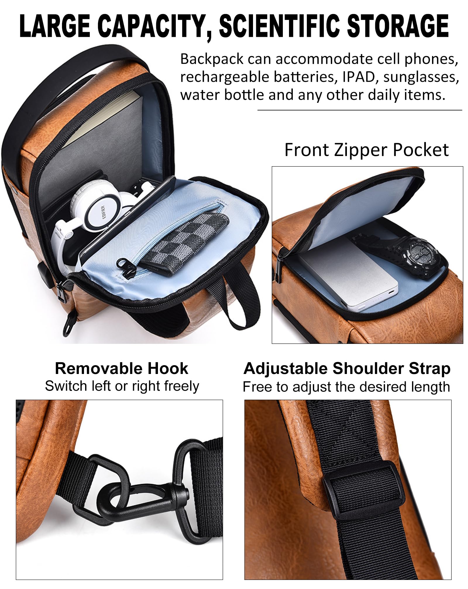 Mochila cruzada USB antirrobo para hombre, mochila impermeable para el pecho, Marrón-2, Moda 3