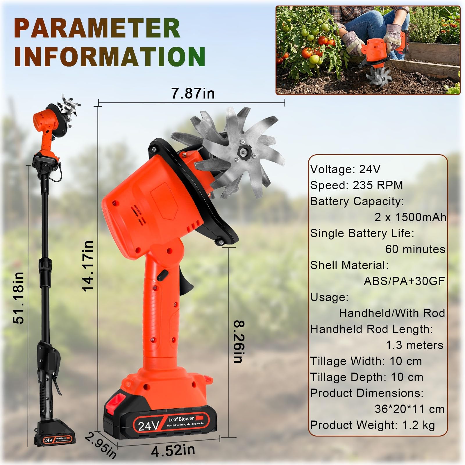 Motoazada eléctrica de jardín sin cables, motocultor de 24 V, dientes de acero de 4 filas, profundidad de 10 cm, barra extensible de 1,3 m, para la preparación del terreno y la jardinería