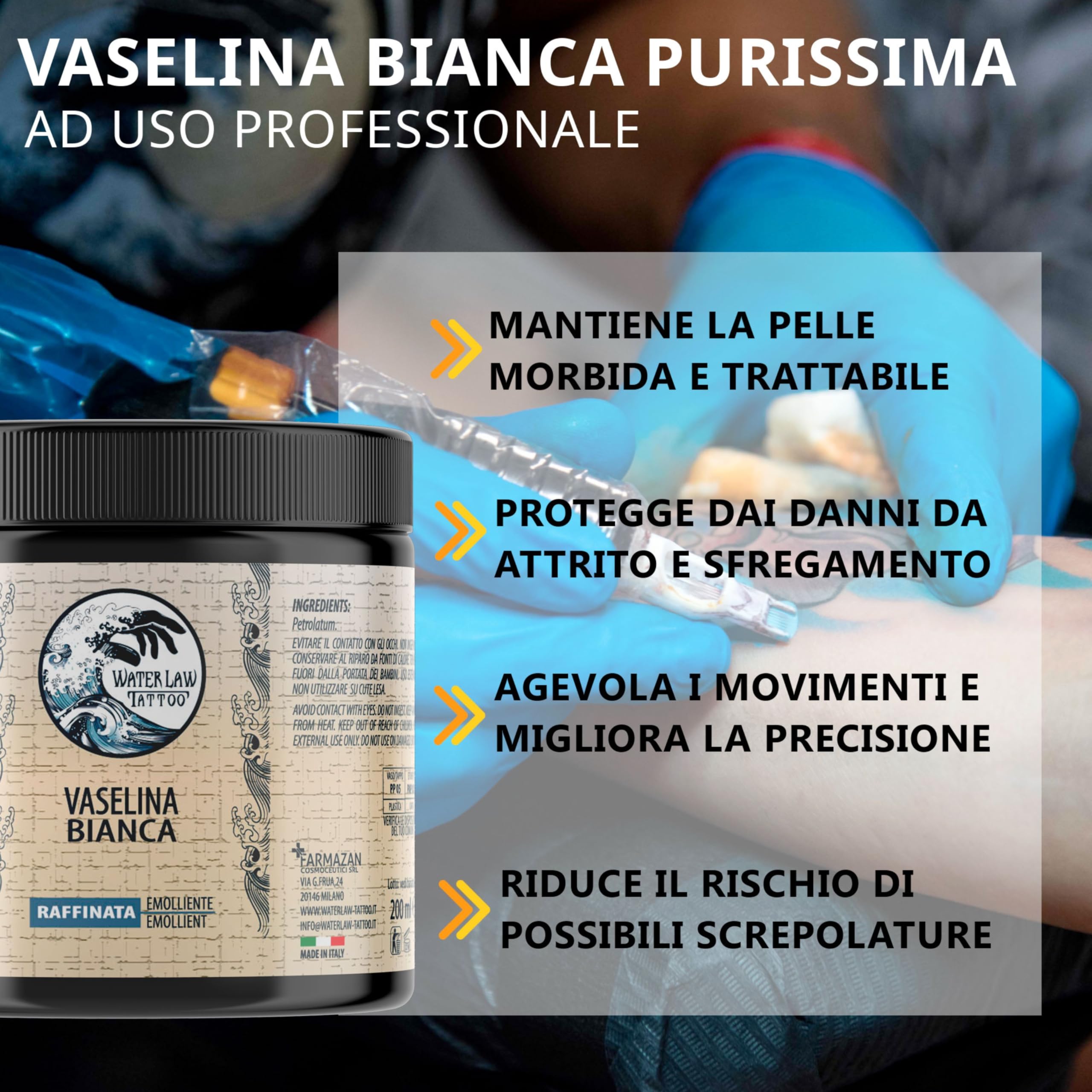 Water Law Tattoo Vaselina Bianca 200ml, Vaselina Pura Altamente Raffinata, Vaselina Tattoo Professionale, Emolliente, Lubrificante, Protettiva, Senza Profumi o Coloranti, Made in Italy