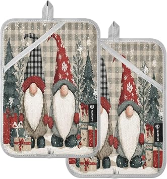 Two Gnomes Christmas Check Pot Holders for Kitchen Cute Heat Resistant Hot Pads with Hand Pockets and Hanging Loops, Potholders 2 Pack Set for Cooking Baking Microwave