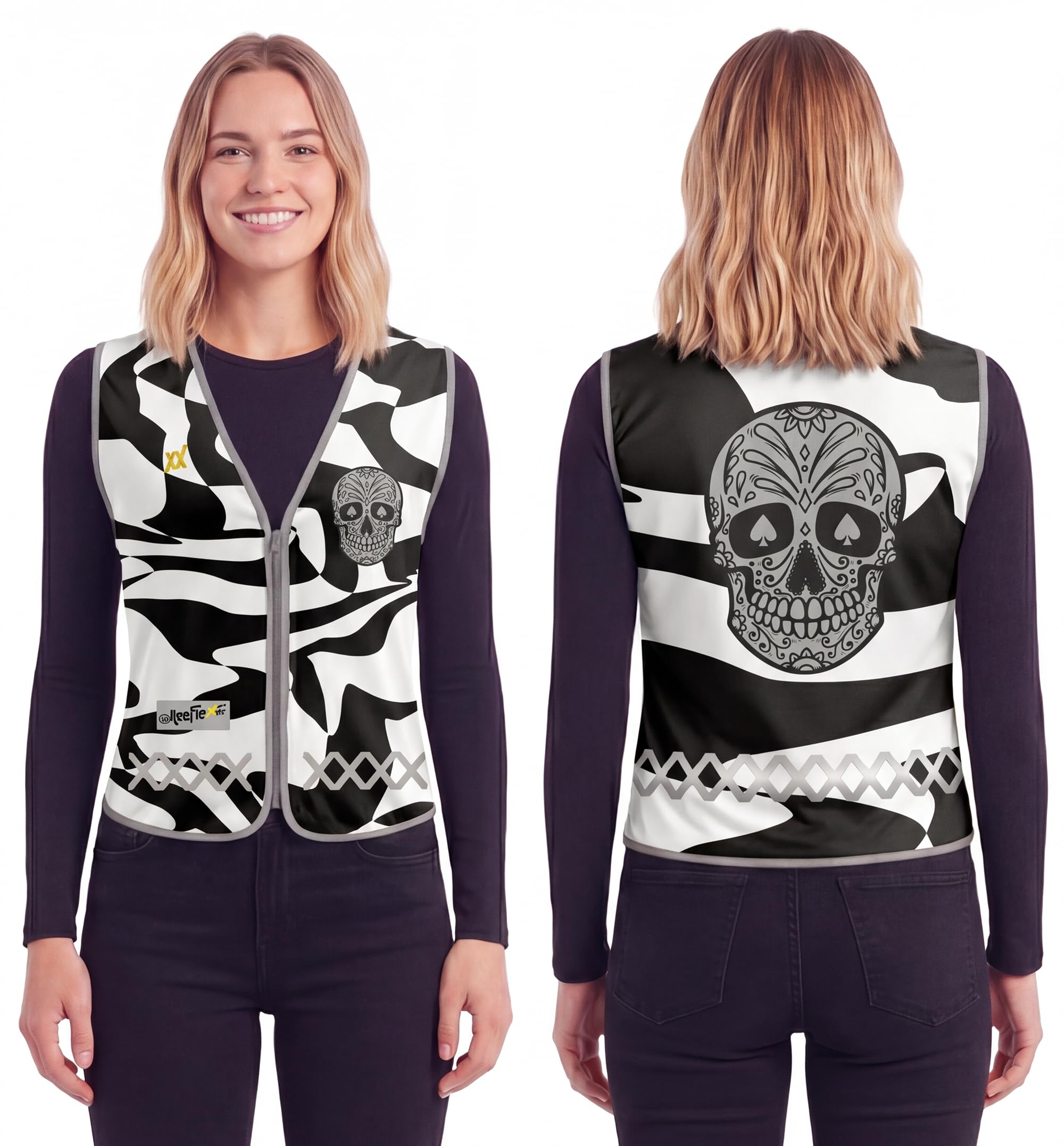 REEFLEXX Warnweste Damen Sicherheitsweste, erhöhte Sichtbarkeit im Straßenverkehr, Joggen, Fahrrad oder Auto, Black White Skull, Größe XL