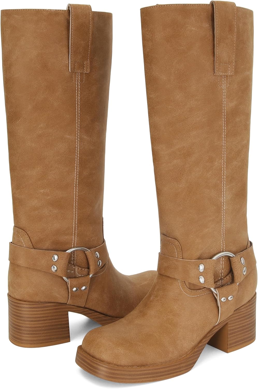 XBKXMK Women's Knee High Riding Boots Round Toe Block Heel Fashion Motorcycle Booties Side Zipper Wide Calf Biker Riding Boots with Studs - Image 4